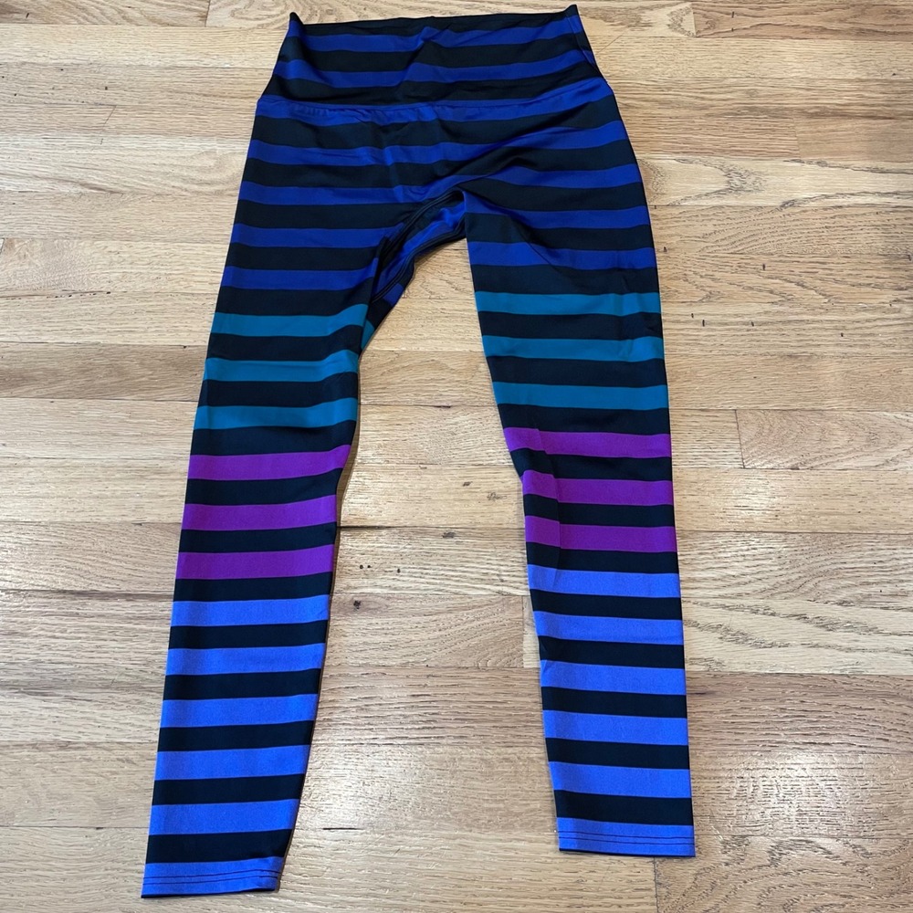 K-DEER High Waisted Striped Leggings Sneaker Length Blue Ombre Yoga Pants Large